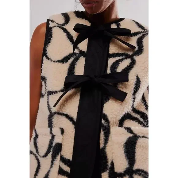 DAMSON MADDER X FREE PEOPLE BLACK IVORY BOWS MARTA BORG GILET VEST JACKET SZ 8 - Picture 2 of 11